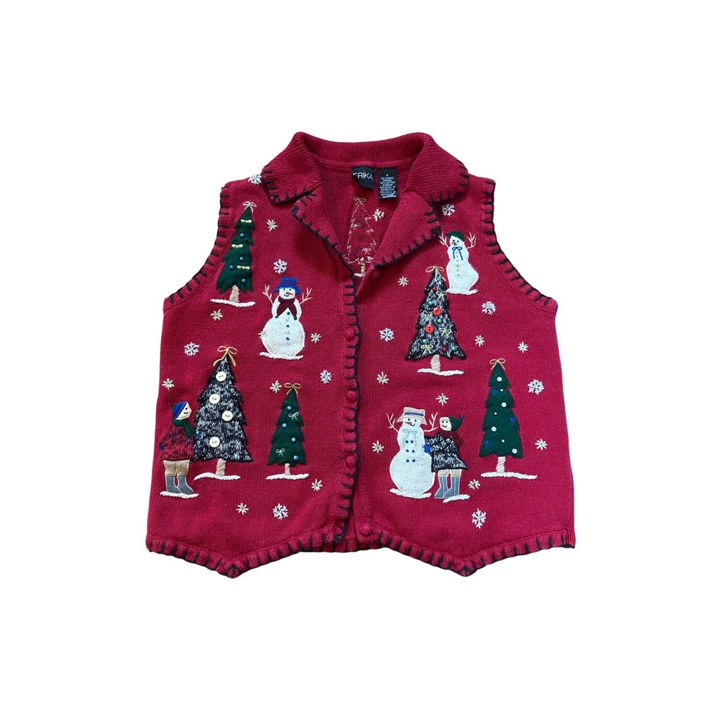 Erika Sweater Vest Women Red Christmas‎ Snowman Tree Embroidered SIZE M